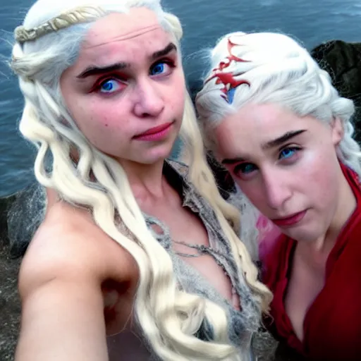 Prompt: a selfie of daenerys targaryen and a cosplay of daenerys targaryen, medium shot, detailed eyes,