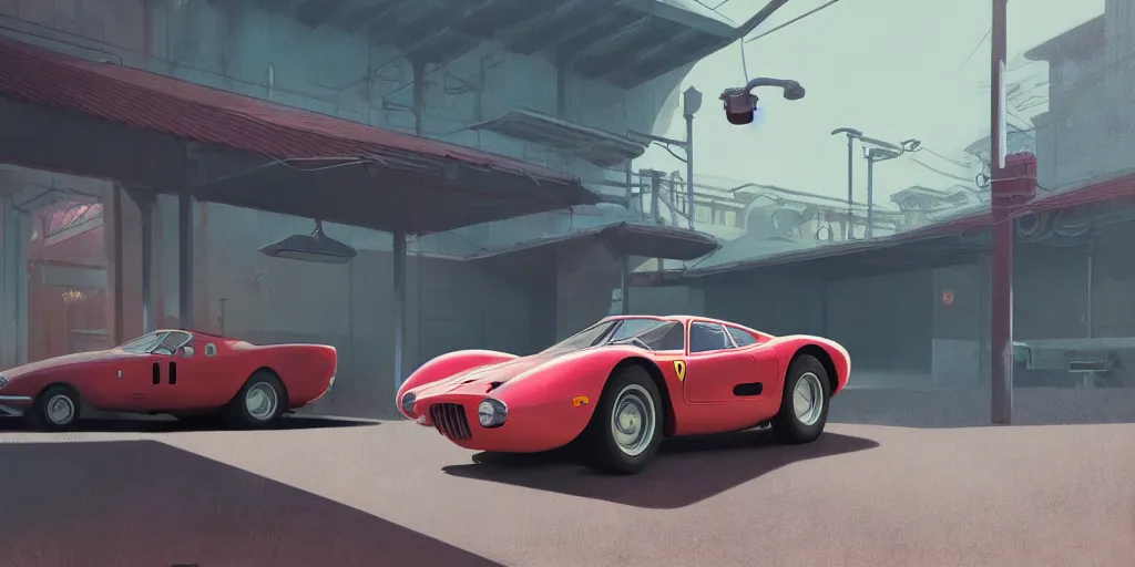 Image similar to a wholesome animation key shot of a focused old ferrari car in a car park, close shot, studio Ghibli, Pixar and Disney animation, sharp, very detailed, high resolution, Rendered in Unreal Engine 5, anime key art by Greg Rutkowski, Bloom, dramatic lighting