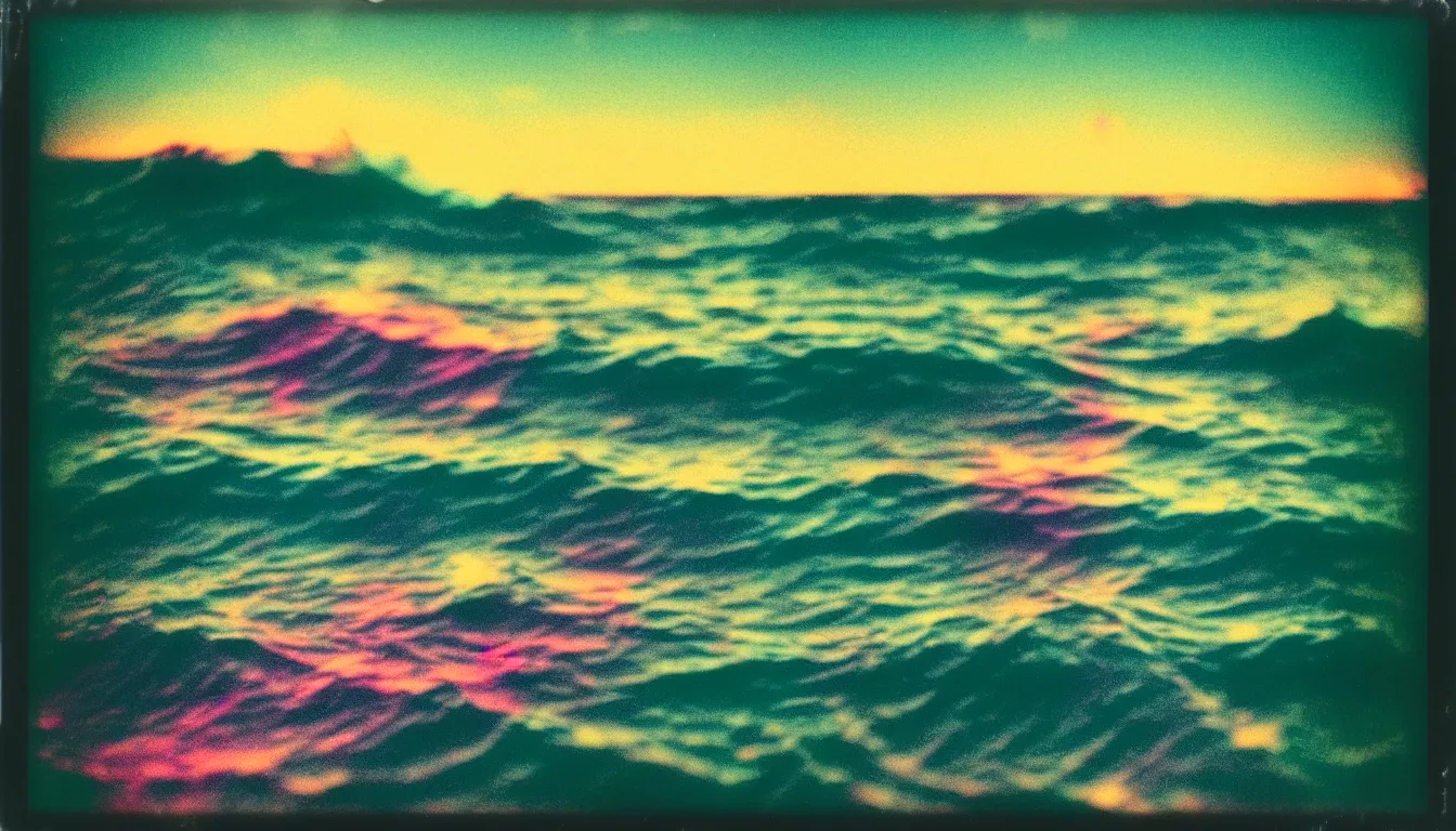 Image similar to colorful instant photograph ocean waves at night, polaroid, light leak, raw, nostalgic