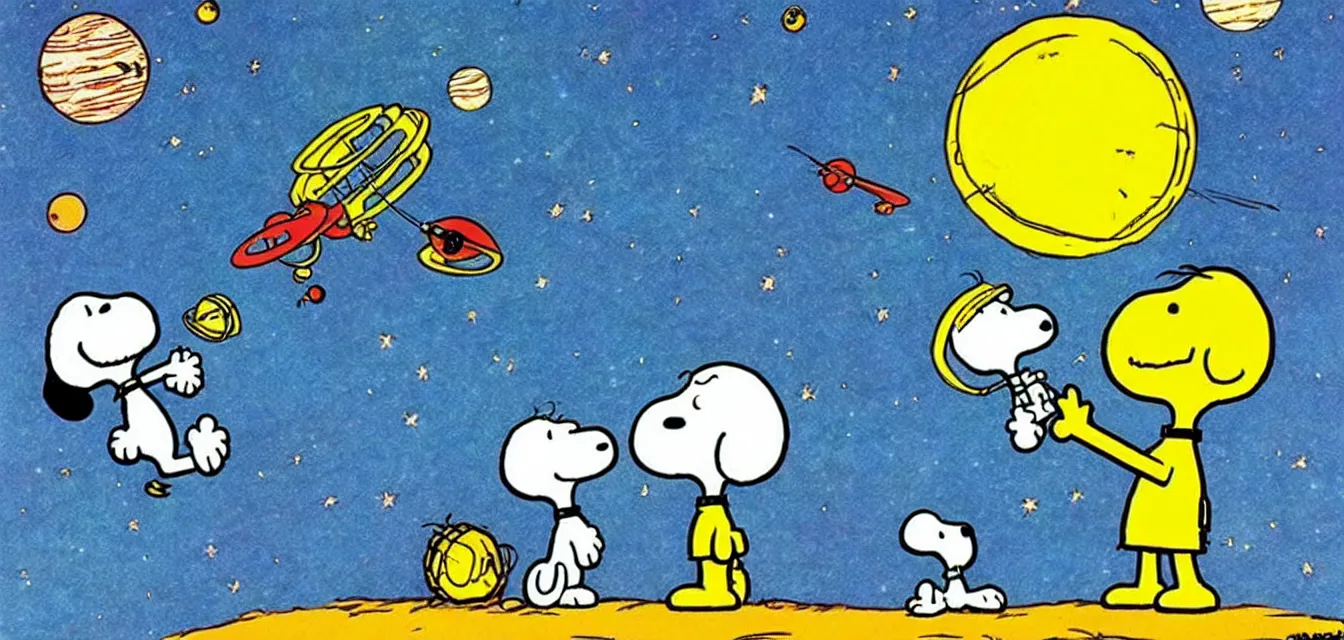 Image similar to calvin and snoopy in space exploring an alien planet, drawn by bill watterson and charles schulz, very detailed and cute and dreamy and playful