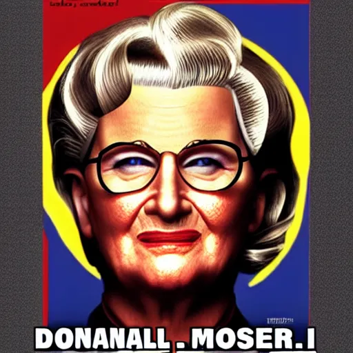 Image similar to donald trump as mrs doubtfire. poster for hollywood blockbuster