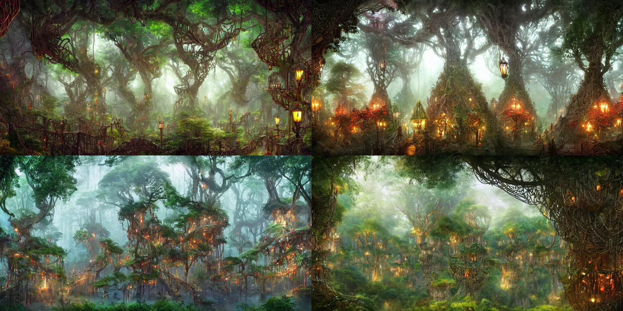 Prompt: treetop elf village made up of white treehouses and connected by rope bridges. Elaborate fancy wood-carved decorations. Magical multicolored light. Ground level view looking at the canopy. Mystical fantasy atmosphere. Style of Lothlórien from the Lord of the Rings movies. Detailed matte painting trending in artstation