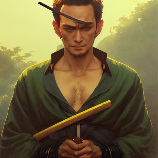 Image similar to highly detailed vfx portrait of roronoa zoro, stephen bliss, greg rutkowski, loish, rhads, beeple, makoto shinkai, tom bagshaw, alphonse mucha, sharp focus, art by artgerm and greg rutkowski, stanley kubrick, backlit, harsh overhead sunlight,