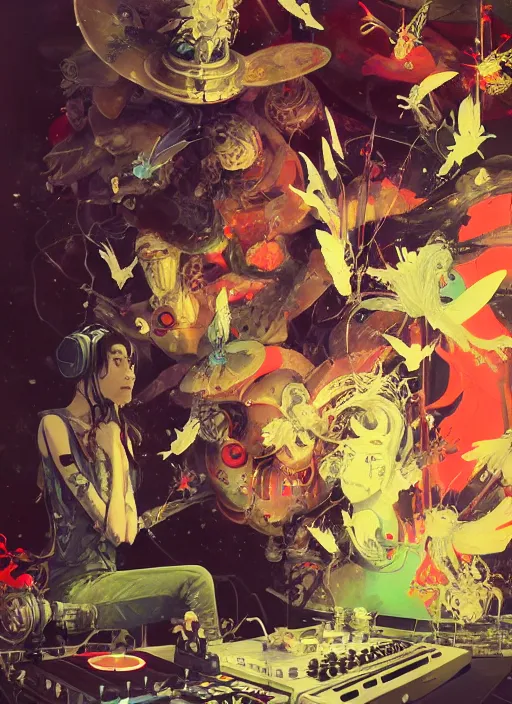 Image similar to surreal gouache painting, by yoshitaka amano, by ruan jia, by Conrad roset, by good smile company, Noel Fielding surrounded by magical dragonflies and a big DJ Mixer, deck, portrait, cgsociety, artstation, rococo mechanical and Digital and electronic, dieselpunk atmosphere