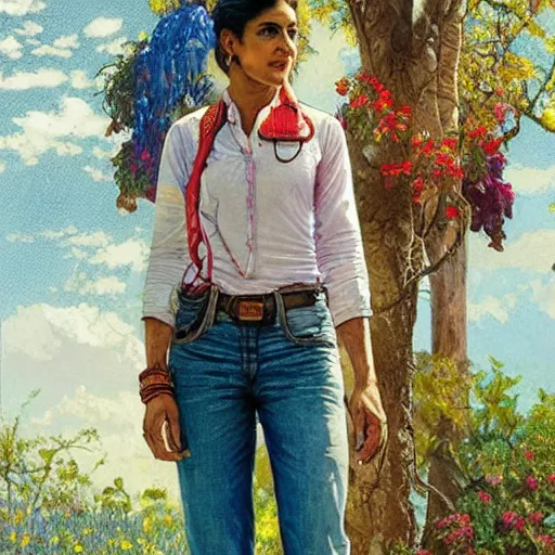 Image similar to close up a beautiful Indian doctor wearing jeans and a shirt in Texas in 2022, sun shining, photo realistic illustration by greg rutkowski, thomas kindkade, alphonse mucha, loish, norman rockwell.