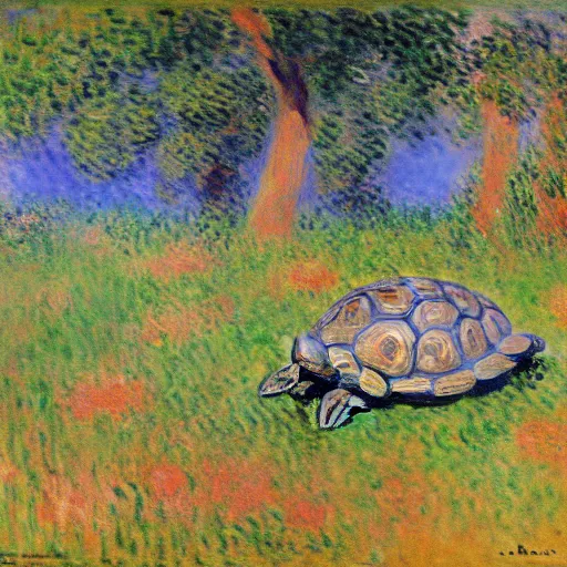 Prompt: tortoises operating heavy artillery by claude monet