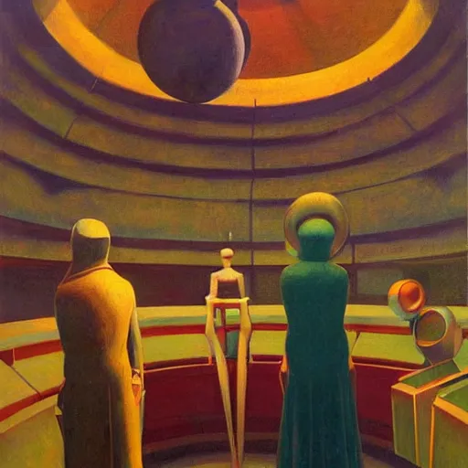 Image similar to three brutalist robotic seers watchers oracles soothsayers inside a dome, pj crook, grant wood, edward hopper, syd mead, chiaroscuro, oil on canvas