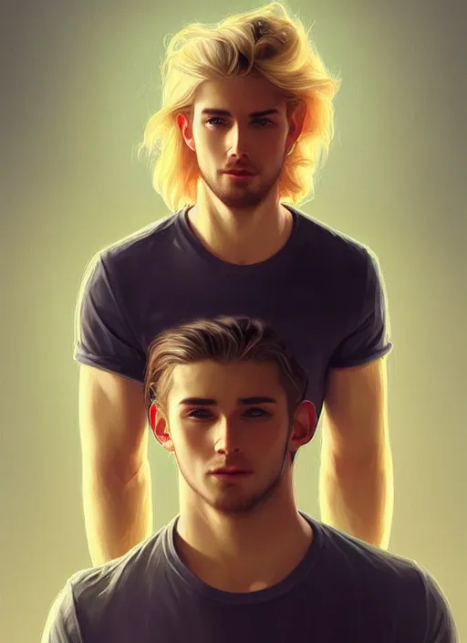 Image similar to handsome young man with shoulder length blond hair, half body shot, path traced, highly detailed, high quality, digital painting, alena aenami, lilia alvarado, shinji aramaki, karol bak, alphonse mucha, tom bagshaw