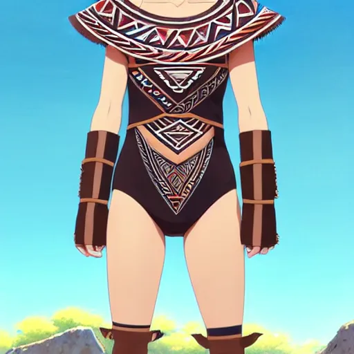 Image similar to beautiful boyish natalie portman alluring gravure model, wearing aztec wooden mask helmet cap and leotard, elegant bulky aztec football gear subtle mayan patterns, elegant aztec bathing suit, gapmoe yandere grimdark, trending on pixiv fanbox, painted by greg rutkowski makoto shinkai takashi takeuchi studio ghibli, akihiko yoshida