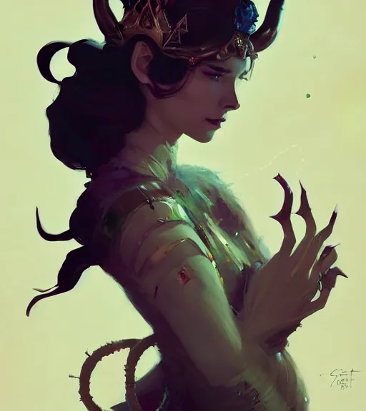 Image similar to portrait of a beautiful queen of the moss with two horns in complex and shiny dress made by leather, by ross tran and atey ghailan, by greg rutkowski, by greg tocchini, by james gilleard, by joe fenton, by kaethe butcher, dynamic lighting, grunge aesthetic