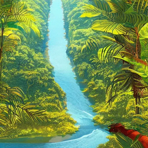 Image similar to amazon river winding through the rainforest, concept art, illustrated, highly detailed, high quality, bright colors, optimistic,