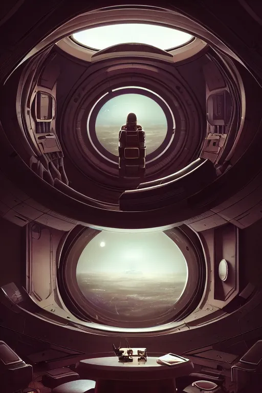 Image similar to Inside a room alien spaceship with large window that provide a scenic view of a huge planet can be seen in the background, Highly detailed labeled, poster, aesthetic, haeccety, trending on artstation, trending on cgsociety