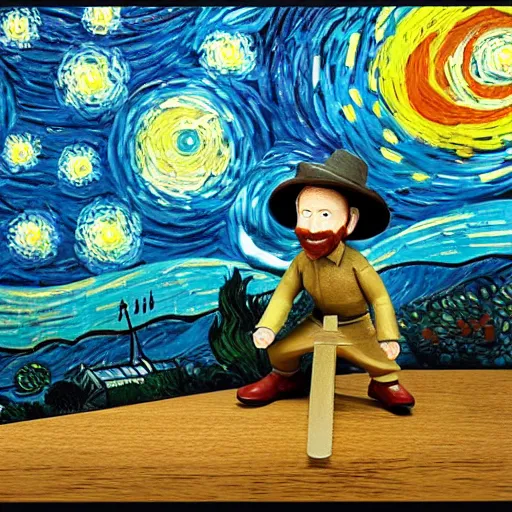 Image similar to van gogh ( happy ) ( painting starry night ) stop motion vinyl action figure, plastic, toy, butcher billy style