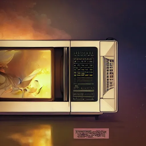 Prompt: a microwave with a tv screen covered in static, intricate, highly detailed, digital painting, artstation, concept art, smooth, sharp focus, illustration, unreal engine 5, 8 k, art by artgerm and greg rutkowski and alphonse mucha