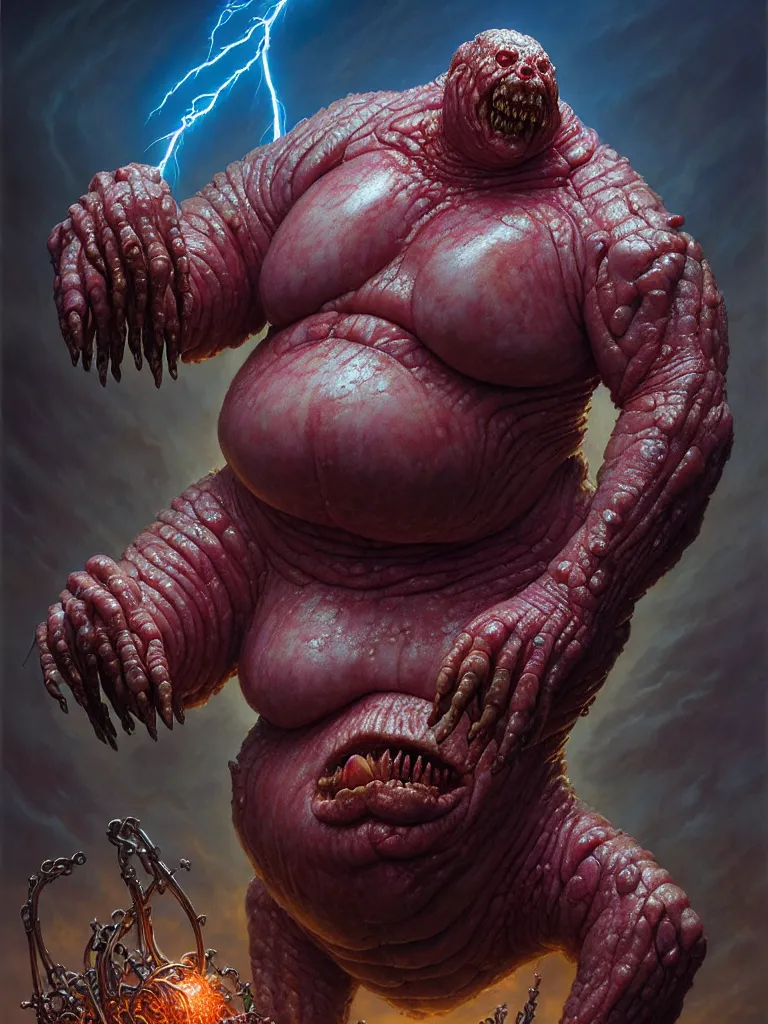 Image similar to hyperrealistic rendering, fat smooth cronenberg flesh monster epic heavy metal overlord by donato giancola and greg rutkowski and wayne barlow and zdzisław beksinski, eyeballs, lightning, magic runes, product photography, action figure, sofubi, studio lighting, colored gels, colored background