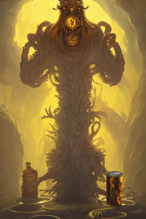 Prompt: Hastur drinking a can of Natural Light Beer, character art, concept art, painting by Peter Mohrbacher, the king in yellow