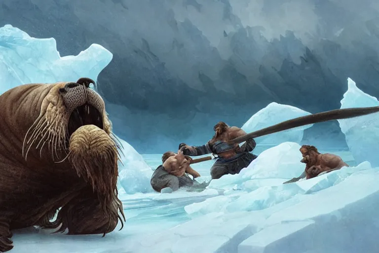 Prompt: a walrus fighting a caveman among on sea ice, stark lighting, water color, art by artgerm and greg rutkowski and alphonse mucha and jin xiaodi and anthony devine