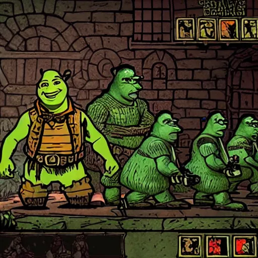 Prompt: shrek as a boss in darkest dungeon, screenshot from a game, highly detailed, dark atmosphere, concept art, 2 d, sideview, cosmic horror, body horror, lovecraft mythos