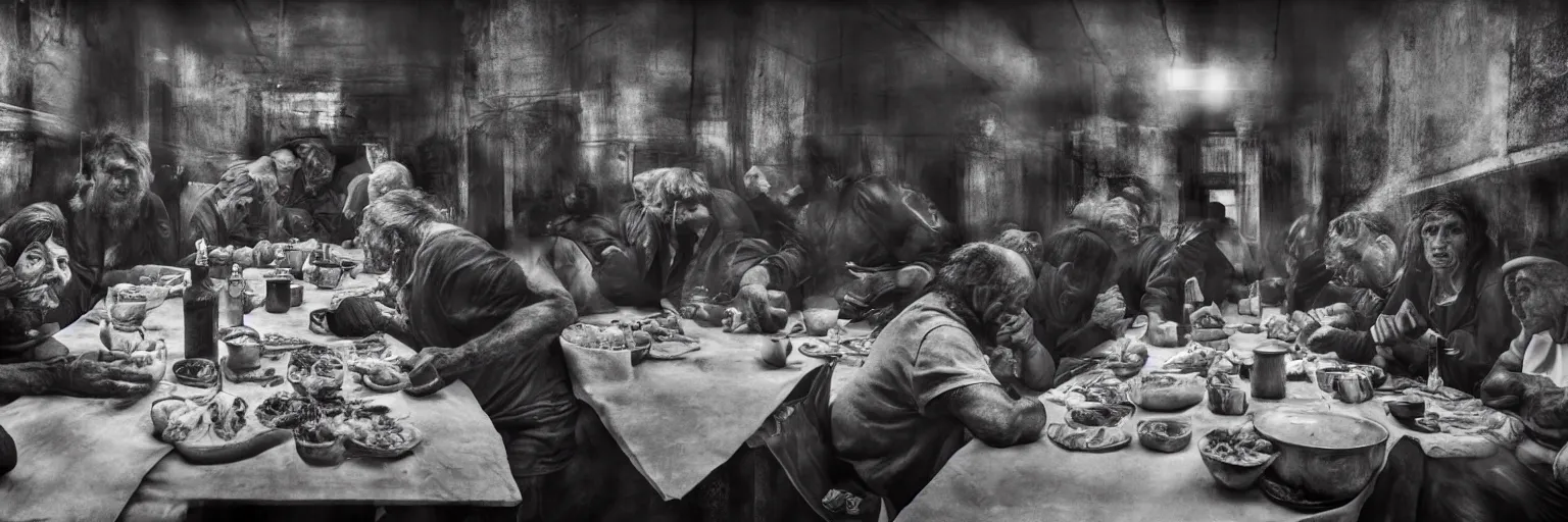 Image similar to Award Winning Editorial wide-angle picture of a Tramps in a Soup Kitchen by David Bailey and Lee Jeffries, called 'The Last Supper', 85mm ND 5, perfect lighting, gelatin silver process