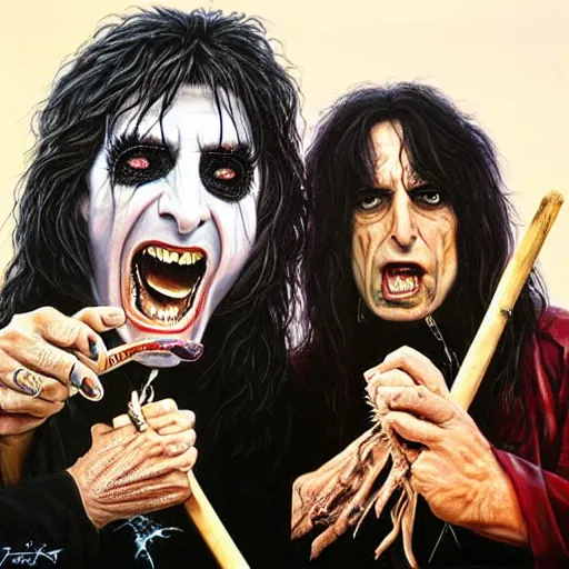 Prompt: a hyperrealistic painting of Alice Cooper and Ozzy Osbourne eating a bat by Jason Edmiston,
