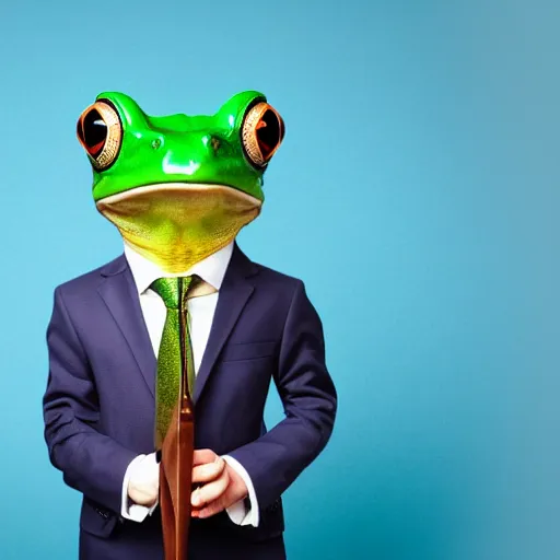 Prompt: a frog wearing a suit, studio portrait, dramatic lighting, award-winning photography, 8k