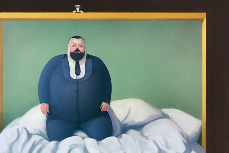 Prompt: “Happy Fat man with big beard having summer vacation in Hospital bed. Painting in the style of Magritte”