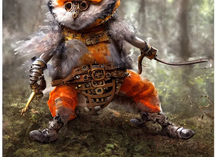 Image similar to ashigaru steampunk - inspired feathered mouse, colorful plumage, lacquered armor, cute but determined, hard focus, art station, by jessica rossier and brian froud, cinematic fantasy painting, orange grey white, in a woodland glade