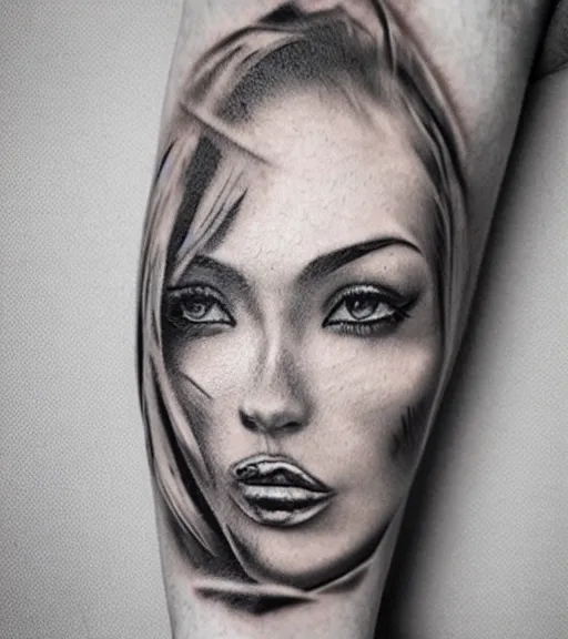 Image similar to amazing blend effect of beautiful mountain scenery with a beautiful woman face, tattoo design sketch, hyper - realistic, in the style of matteo pasqualin, amazing detail, black and white