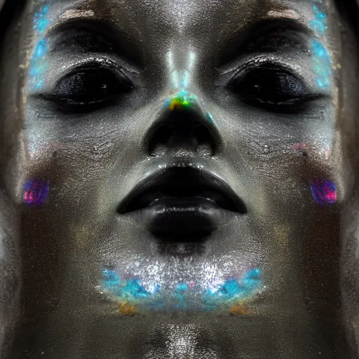 Prompt: architectural shot, no decaying lines, alabaster gothic cathedral, gothic black opal skin woman, macro head face