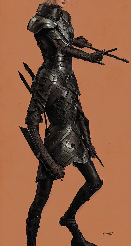 Image similar to mackenzie davis actress wearing black armour with bare legs, mucha, hard shadows and strong rim light, art by jc leyendecker and atey ghailan and sachin teng