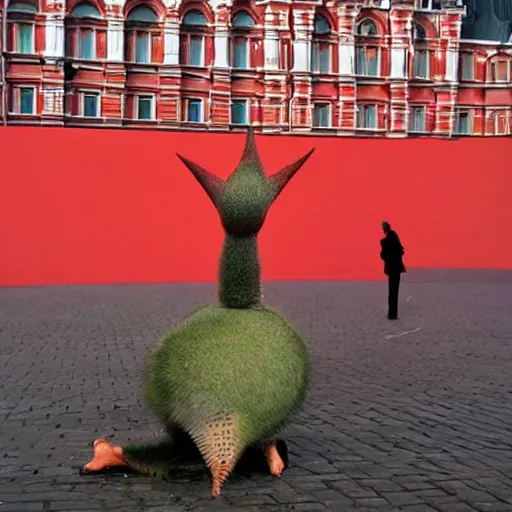 Prompt: epic photo giant kiwi standing on red square