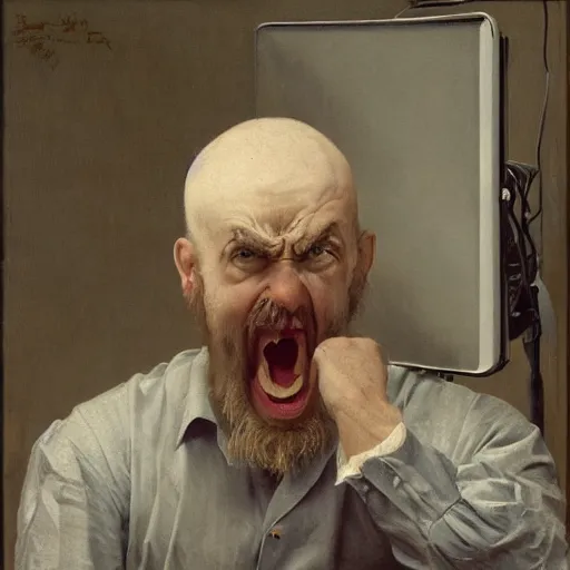 Image similar to an angry man yells at his computer monitor, oil on canvas, 1 8 8 3, highly detailed