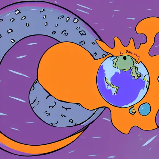 Image similar to cartoon illustration of a bear mascot being launched from a futuristic marble planet, purple and orange cloudland