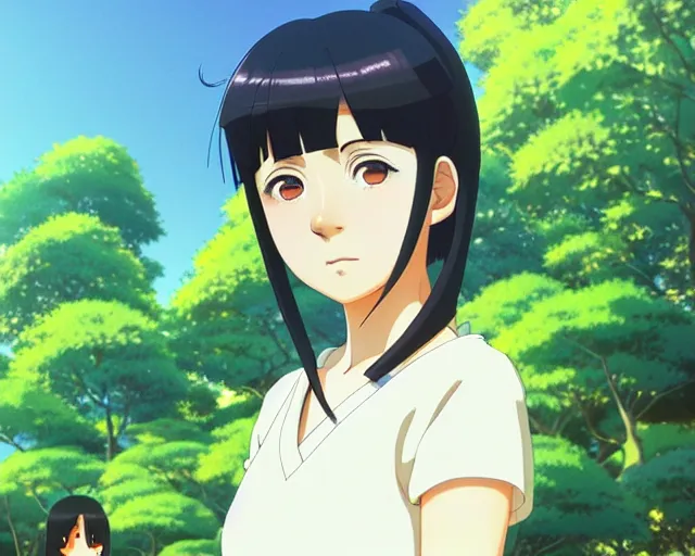 Image similar to hinata hyuga, park in background, bokeh. anime masterpiece by Studio Ghibli. illustration, sharp high-quality anime illustration in style of Ghibli, Ilya Kuvshinov, Artgerm