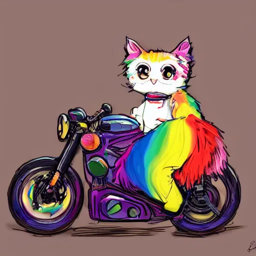 Image similar to wide angle full body, jacket wearing fluffy cute rainbow kitten wearing a black leather motorcycle jacket, riding on a motorcycle, cinematic concept art