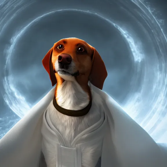 Image similar to a portrait of a dog wearing a robe in heaven, circular, glowing, circle, unreal engine, octane render, artstation, digital art.