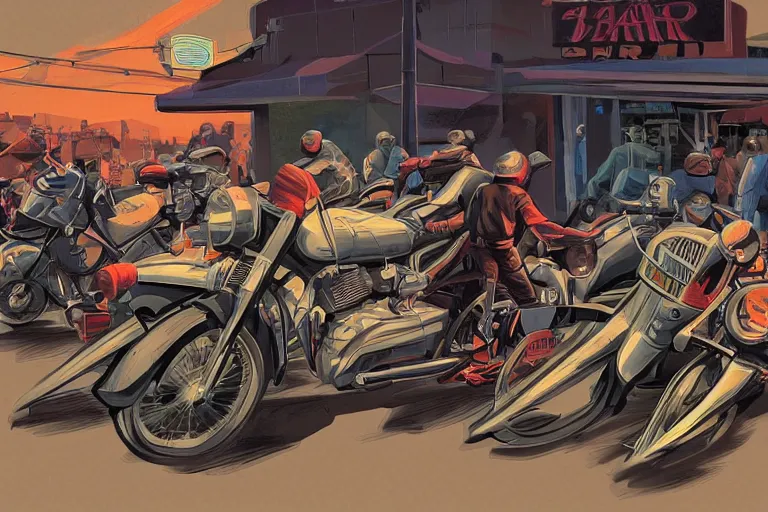 Prompt: motorcycles outside of bar roadside illustration by jack kirby in the style of syd mead artstation 4 k 8 k graphic novel concept art matte painting