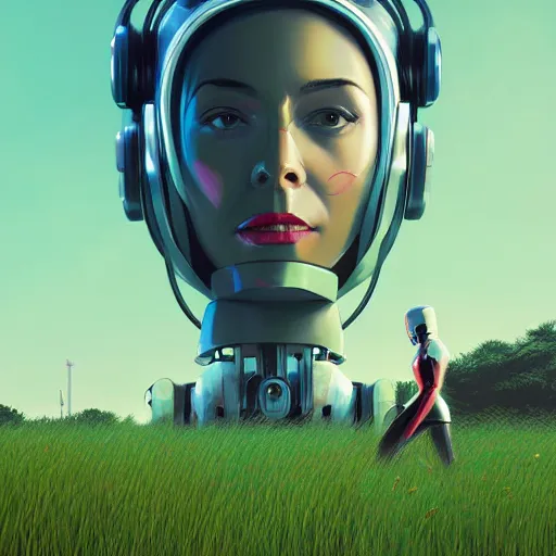 Image similar to a graph - style woman walking across a lush green field, a huge robot head in front of her, cyberpunk art by by james gilleard, cgsociety, retrofuturism, synthwave, retrowave, outrun