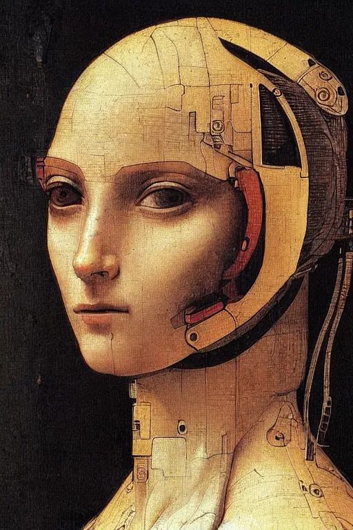 Image similar to a close - up portrait of a cyberpunk cyborg girl, by leonardo davinci, rule of thirds