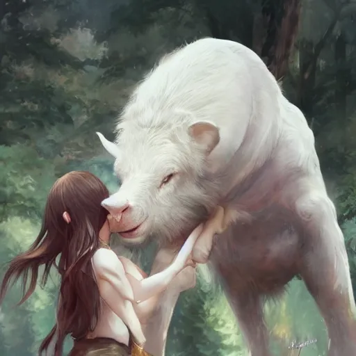 Image similar to a person hugging a large white animal, a detailed painting by krenz cushart, pixiv contest winner, fantasy art, official art, detailed painting, pixiv. highly detailed. 4 k masterpiece.