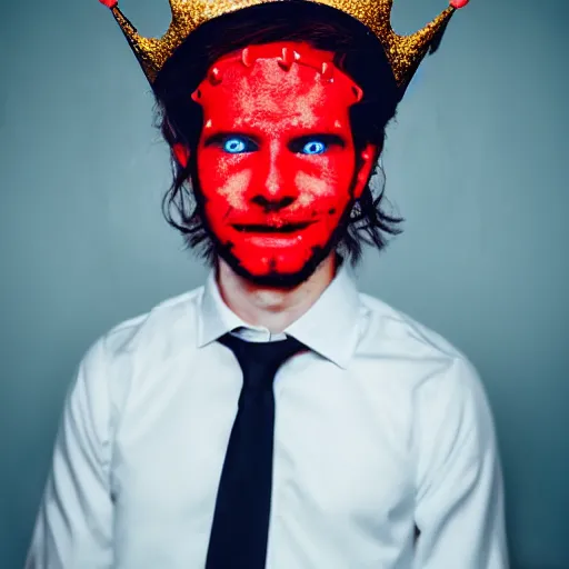 Prompt: man with a crown, smirk, photograph, black backgrounds, glowing red eyes, sharp, handsome