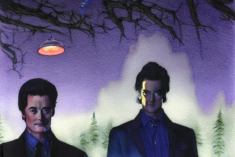 Prompt: a hyperrealist watercolour character concept art portrait of kyle maclachlan from twin peaks on well lit night in the forest with city lights. a ufo is in the background. by rebecca guay, michael kaluta, charles vess and jean moebius giraud