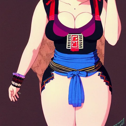 Prompt: a beautiful plus sized model japanese natalie portman, alluring plus sized model, wearing mayan leotard with elegant mayan apron, street fashion hip hop style with mayan patterns, aztec street fashion, gapmoe yandere grimdark, trending on pixiv fanbox, painted by greg rutkowski makoto shinkai takashi takeuchi studio ghibli, akihiko yoshida