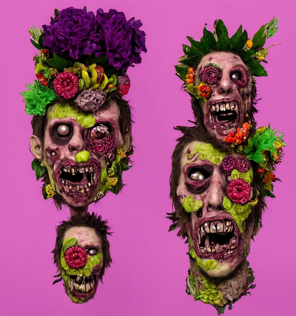 Image similar to portrait headshot of a zombie punk, head made of fruit and flowers in the style of arcimboldo, glenn fabry, photorealistic, dynamic lighting, action figure, clay sculpture, claymation, pink and purple splotchy background