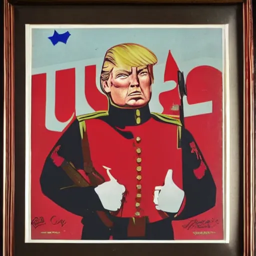 Image similar to ussr propaganda art demonstrating red army soldier looking as donald trump