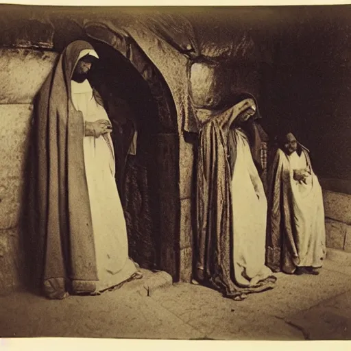 Image similar to 1 9 th century photo of 3 mary's at the tomb of jesus, by julia margaret cameron, beautiful composition