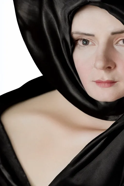 Image similar to hyper - realistic close - up portrait of a medieval woman, pale skin, in a black silk robe, in the сaravaggio style