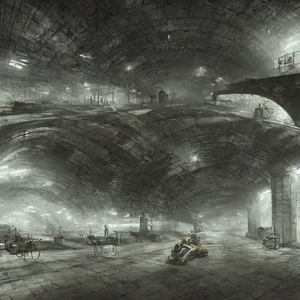 Image similar to underground metro after nuclear war, dieselpunk, atmospheric, industrial, soviet architecture, realistic brutalism in style of dmitry glukhovski