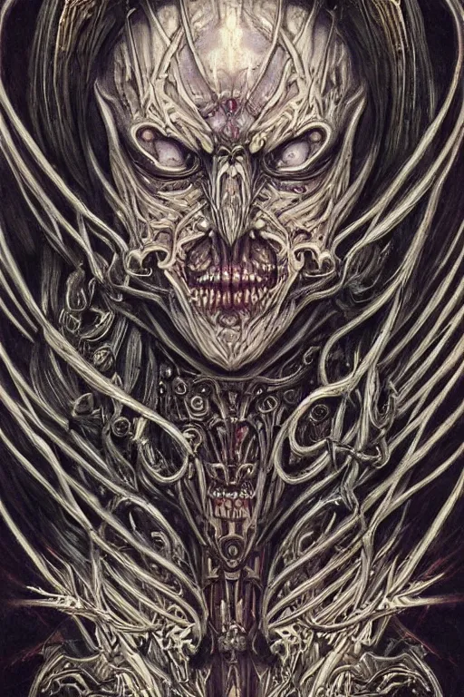 Image similar to Elden Ring and Doom themed painting of majestic chromatic biomechanical anatomical sinister vampire hybrid beautiful ethereal angel symmetrical neutral mask closeup face tattoo pattern golden ratio concept, Neo-Gothic concept, infinity glyph waves, intricate artwork masterpiece, very coherent artwork, cinematic, full frontal facial features by Artgerm, art by H.R. Giger, Joseph Michael Linsner, Zdizslaw Beksinski, Johnatan Wayshak, Moebius, Ayami Kojima, very anatomically coherent artwork, trending on cgsociety, ultra high quality model, production quality cinema model, high detail chromatic ink outline, octane render, unreal engine 8k, hyper realism, high detail, octane render, unreal engine, 8k, High contrast