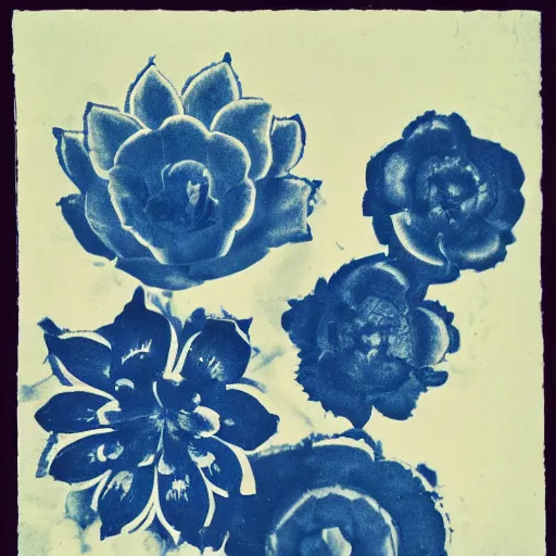 Prompt: a cyanotype of illustrated flowers